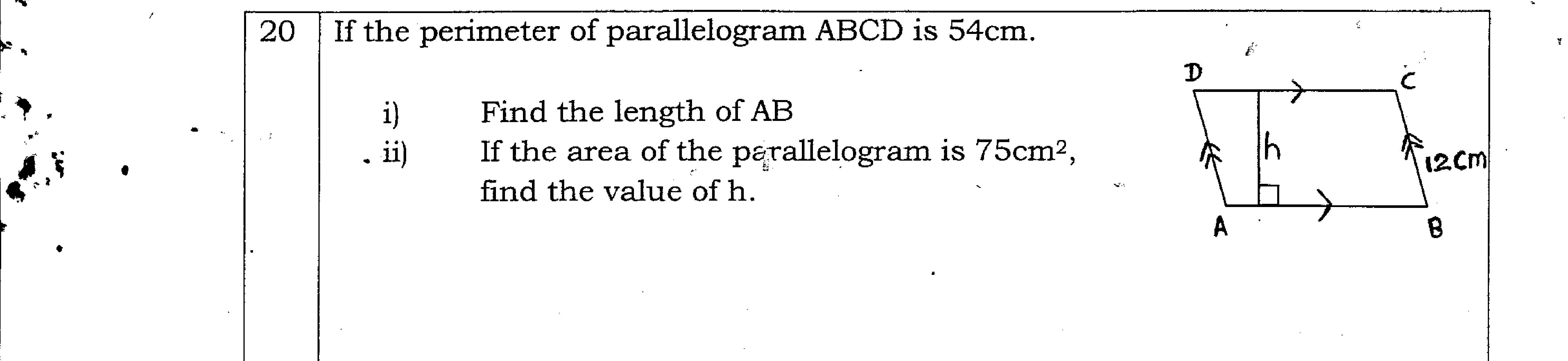 Paper I Part A Q20: Parallelogram side from perimeter; height from area