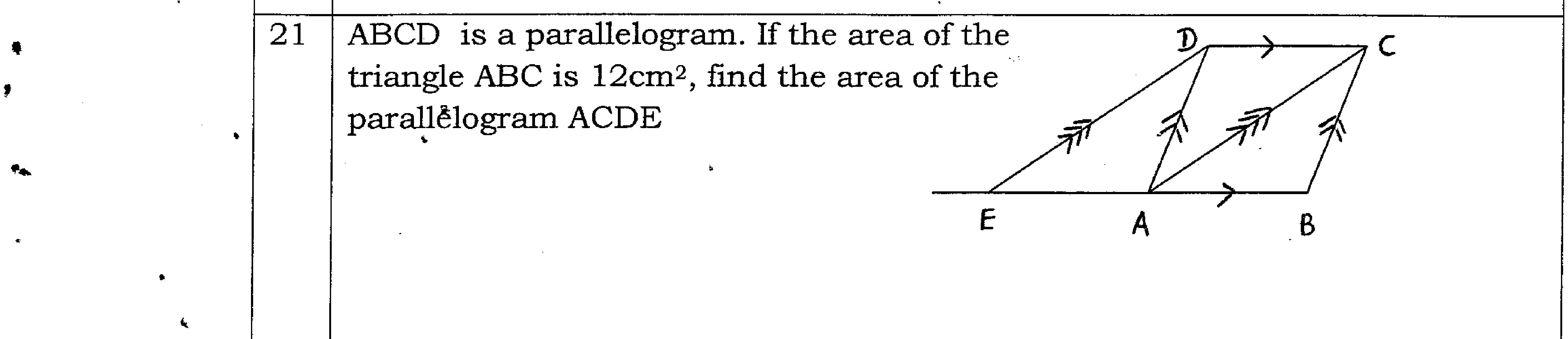 Paper I Part A Q21: Area of a parallelogram on the same base as another