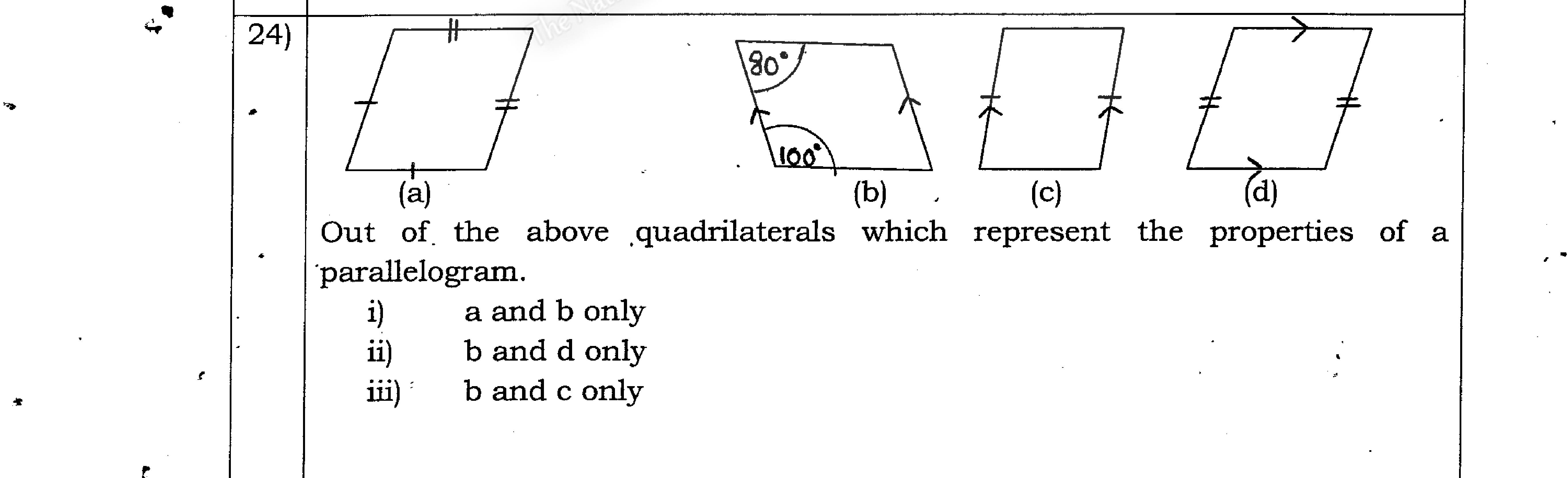 Paper I Part A Q24: Choose quadrilaterals whose markings guarantee a parallelogram