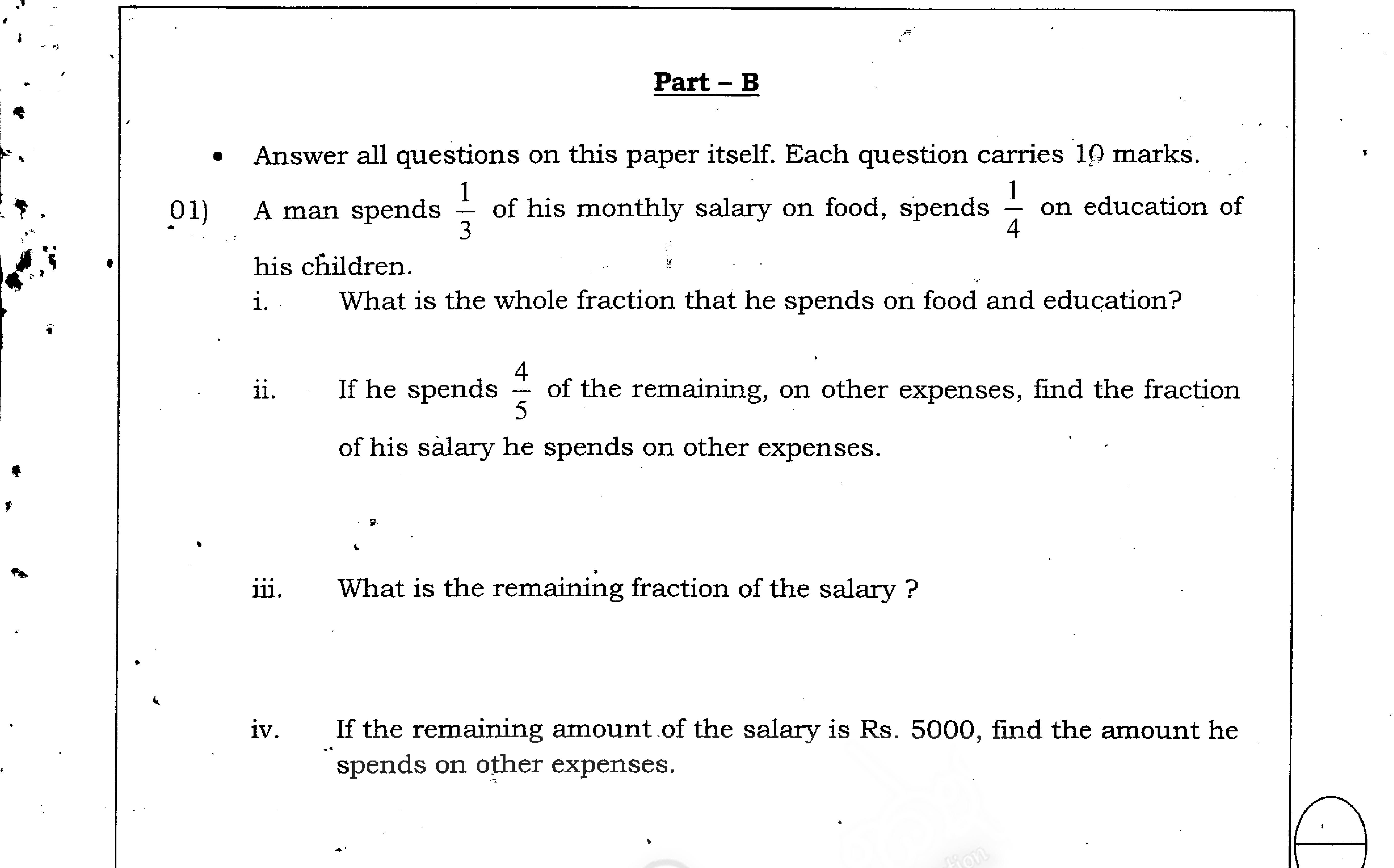 Paper I Part B Q1: Fractions of a salary spent; find an amount