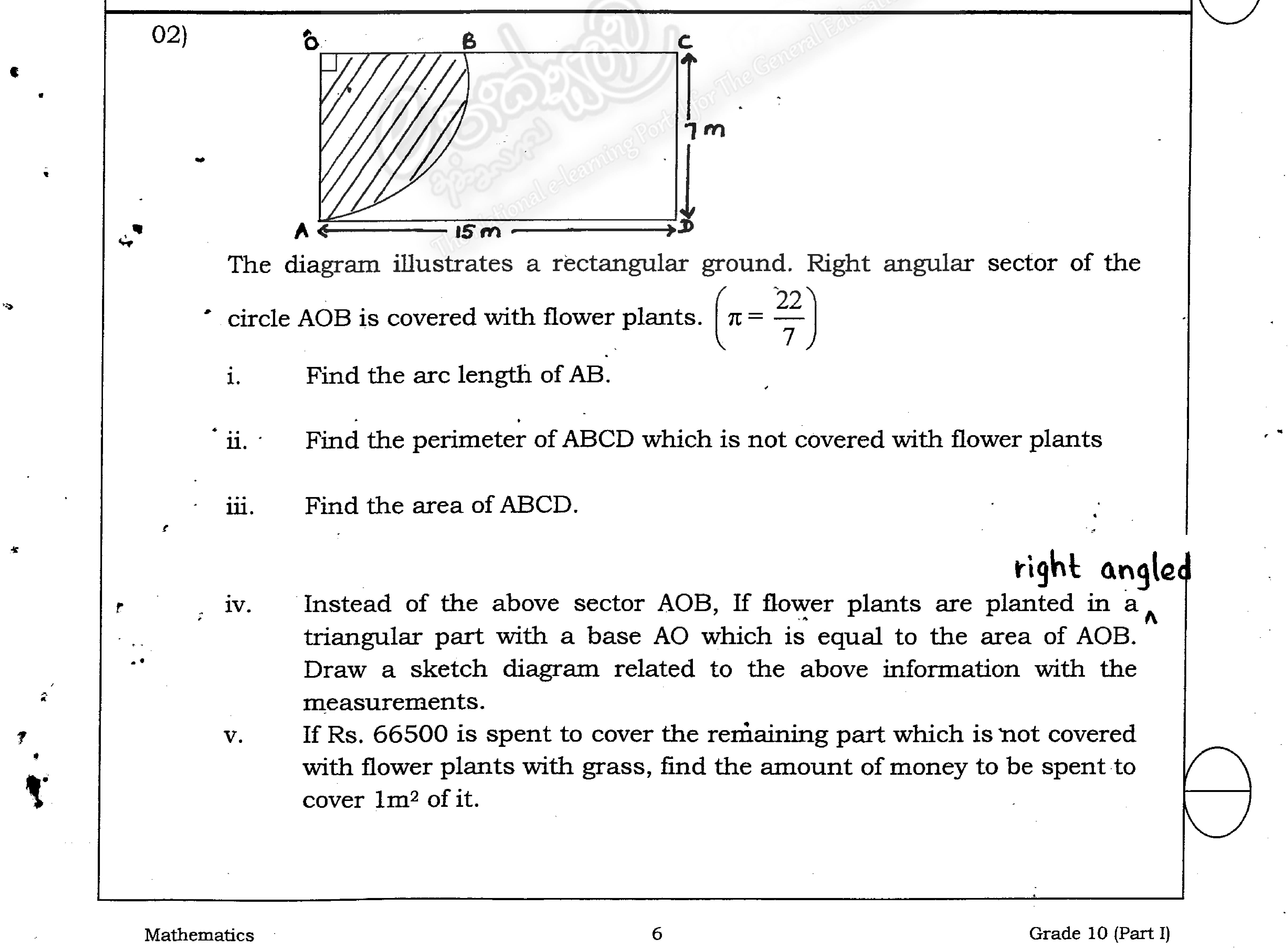 Paper I Part B Q2: Rectangle with a quarter-circle bed: arc, perimeter, area, cost