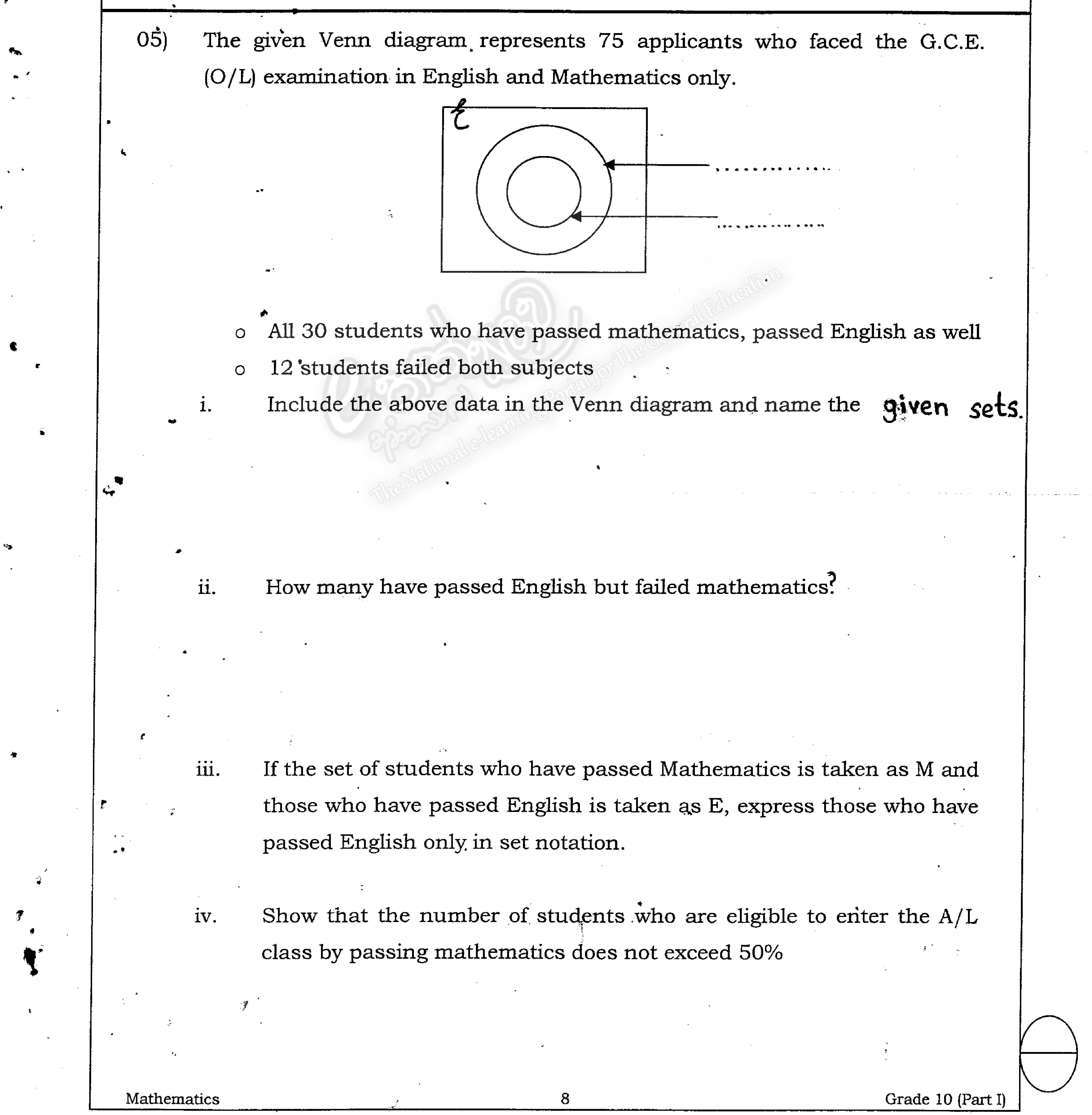 Paper I Part B Q5: Nested Venn diagram of exam passes