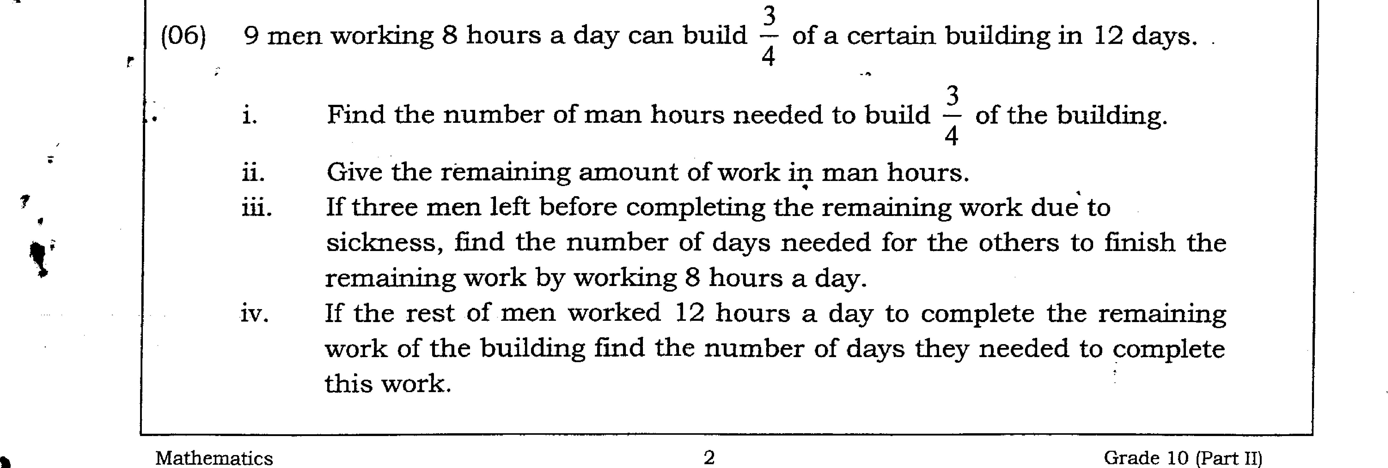 Paper II Part A Q6: Man-hours for parts of a building as workers change