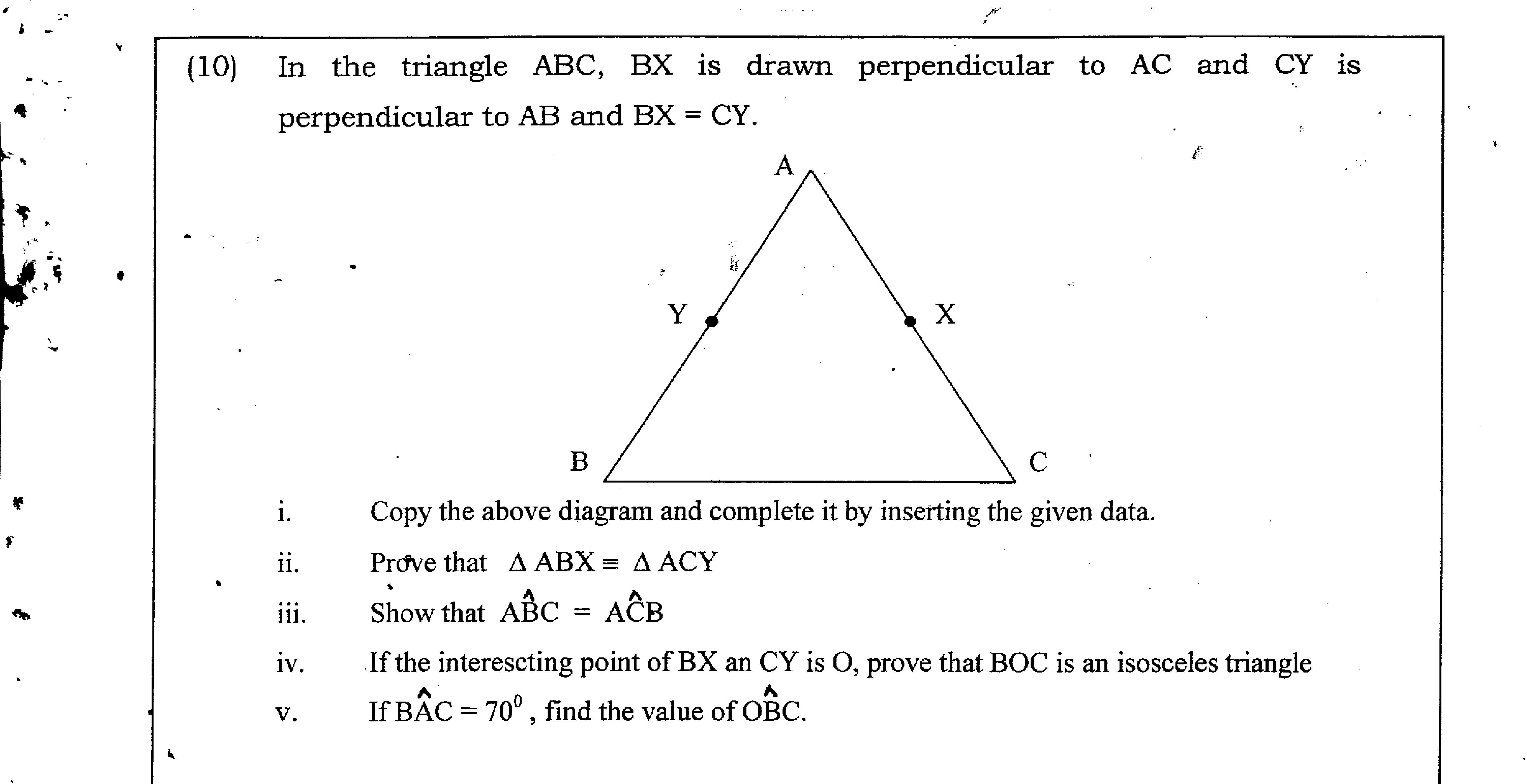 Paper II Part B Q10: Congruent triangles from equal altitudes; isosceles triangles; an angle