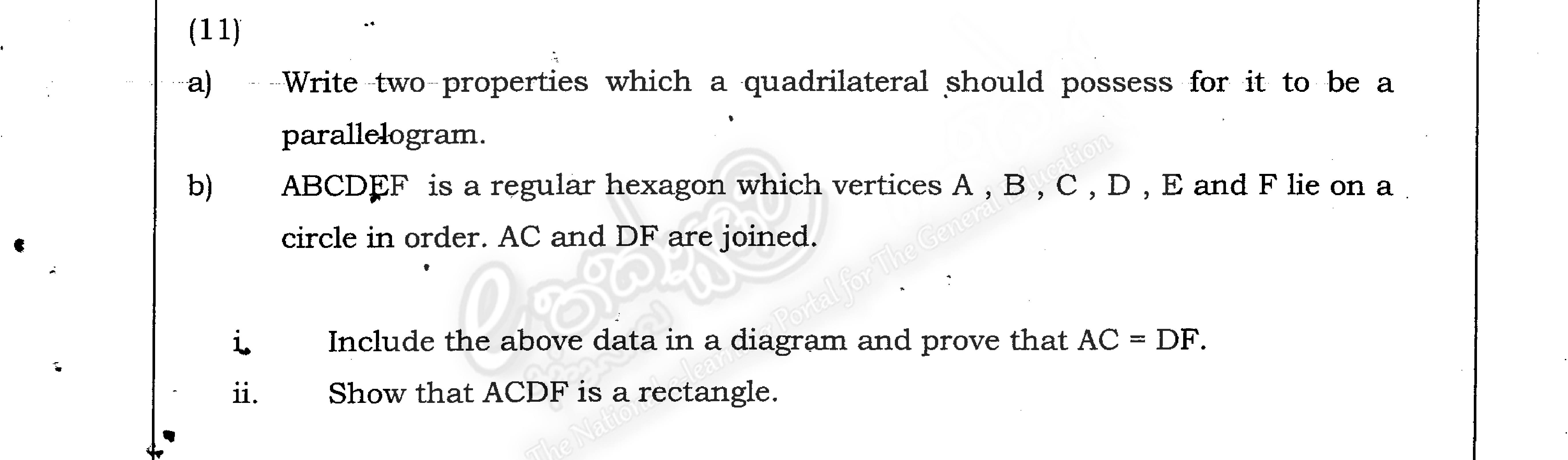 Paper II Part B Q11: Parallelogram properties; regular hexagon diagonals form a rectangle