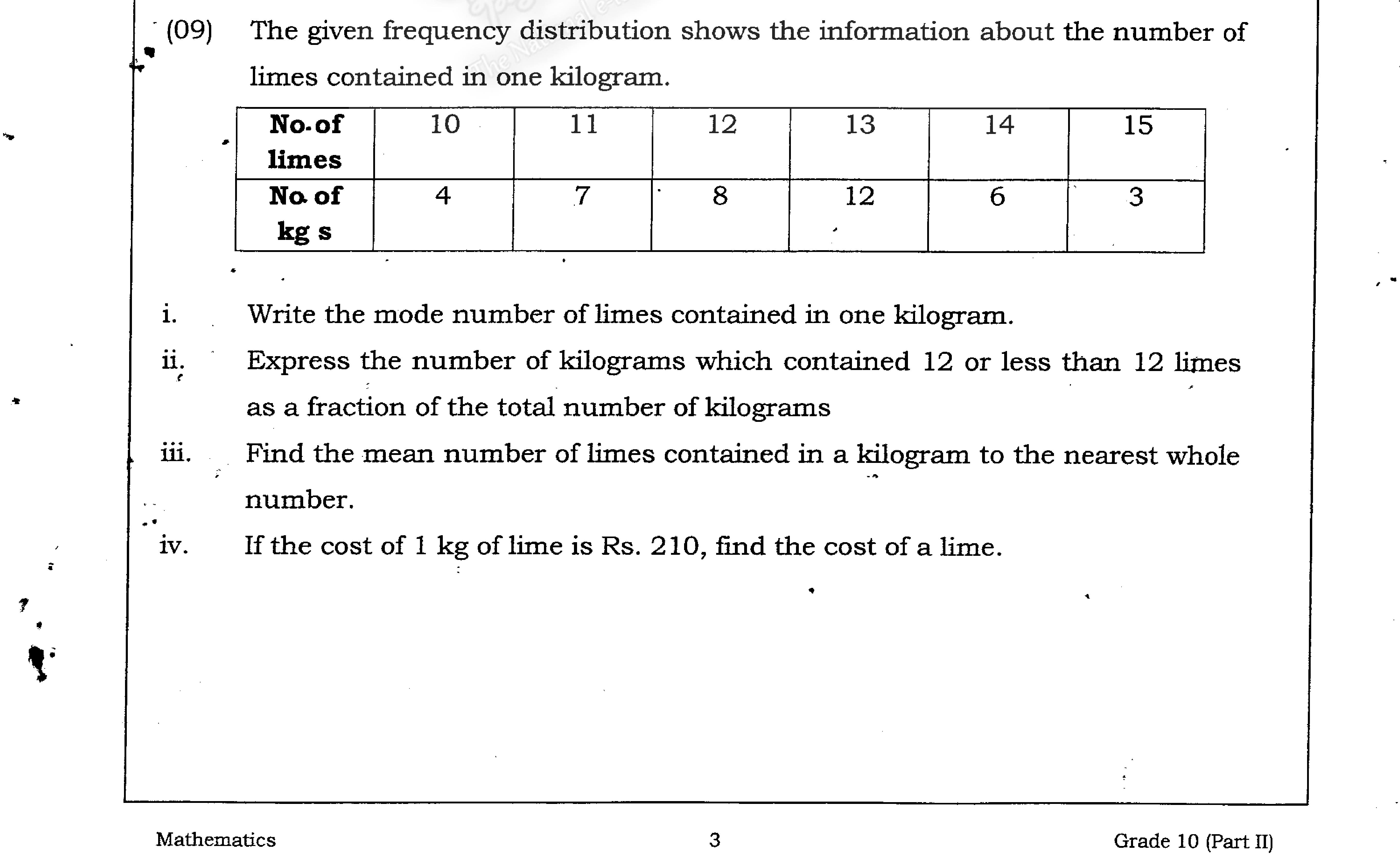 Paper II Part B Q9: Mode, fraction and mean from a discrete frequency table
