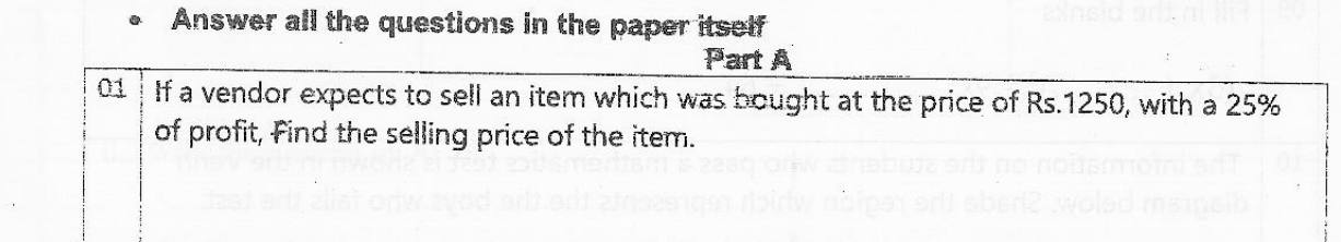 Paper I Part A Q1: Selling price from cost and a profit percentage