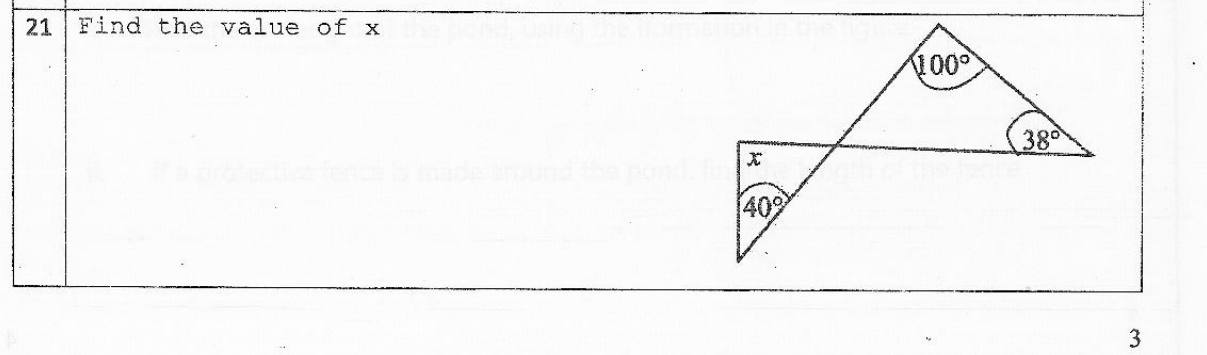 Paper I Part A Q21: Angle using two triangles with vertically opposite angles