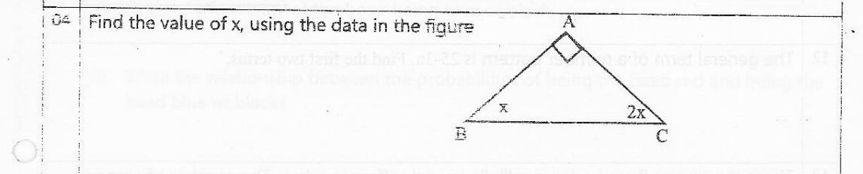 Paper I Part A Q4: Angles of a right-angled triangle in a 1:2 ratio