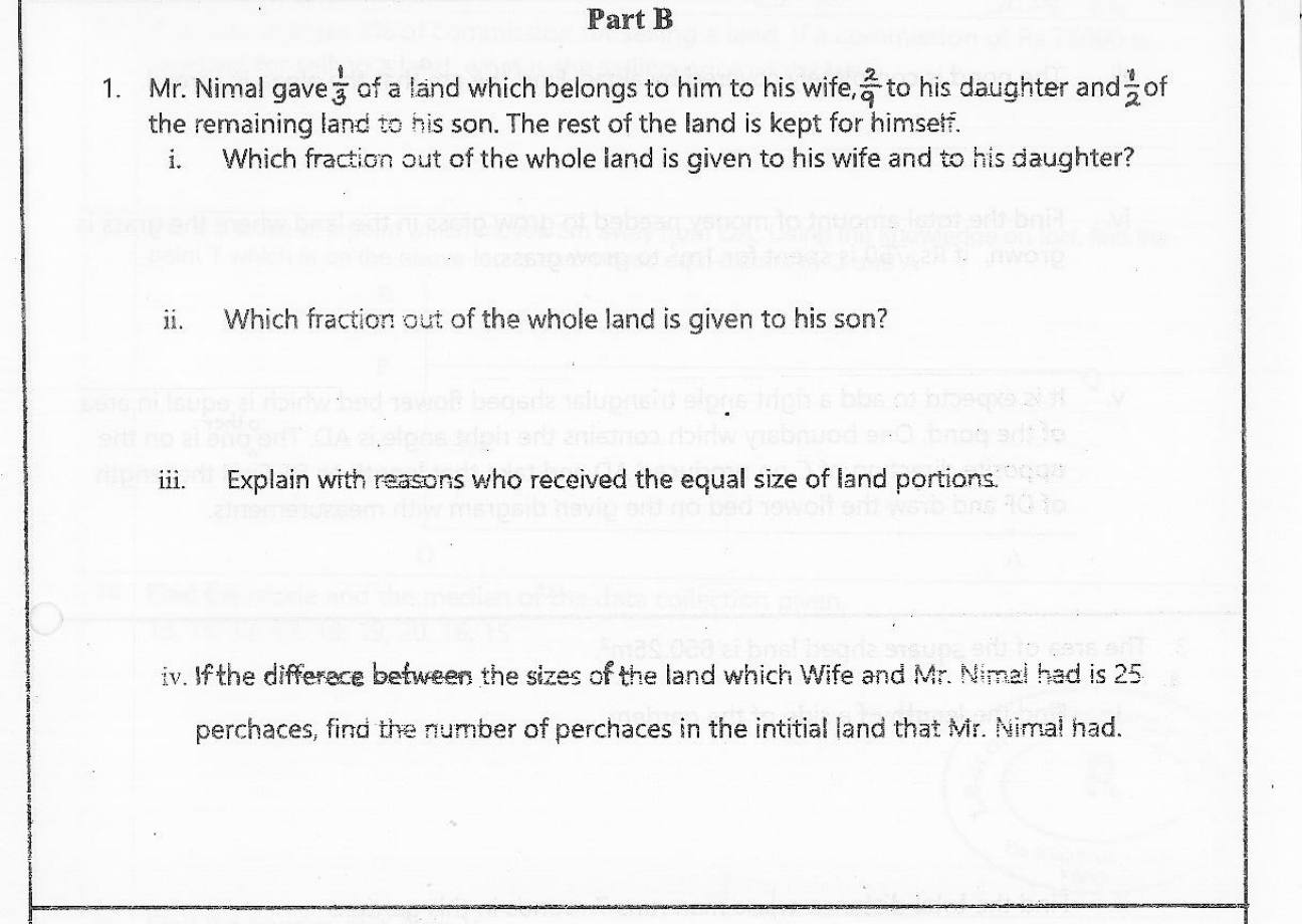 Paper I Part B Q1: Fractions of land shared in a family; total from a difference