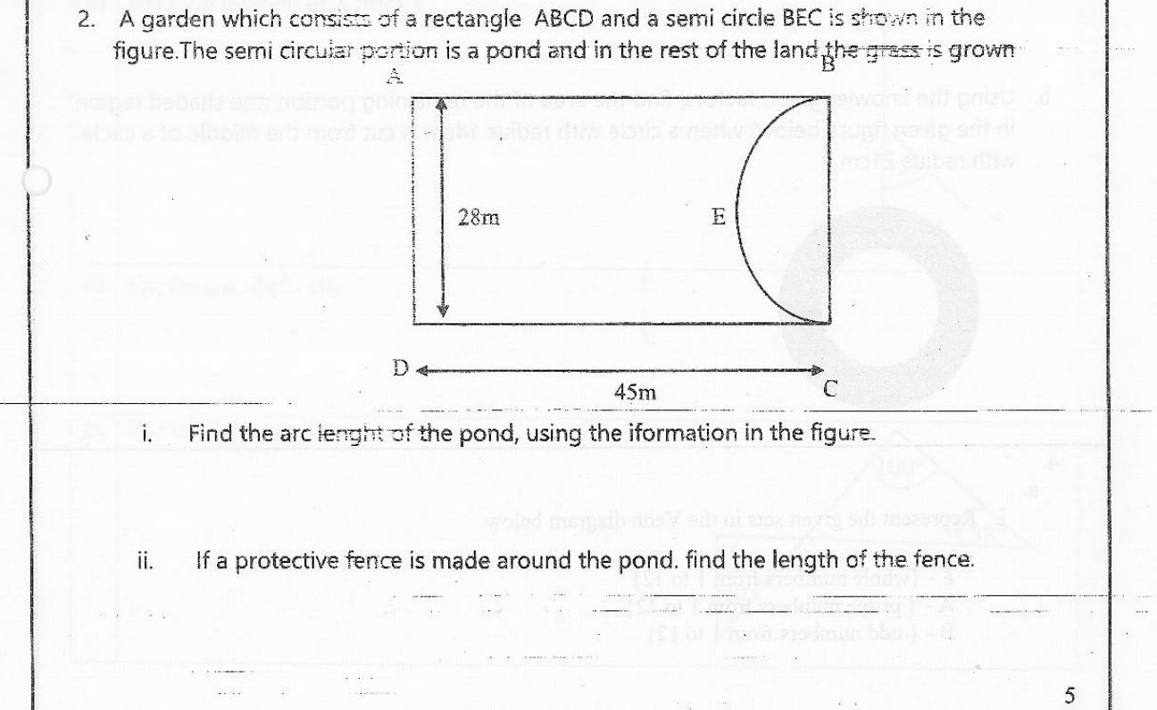 Paper I Part B Q2: Garden with a semicircular pond: arc, fence, areas, cost, equal-area triangle