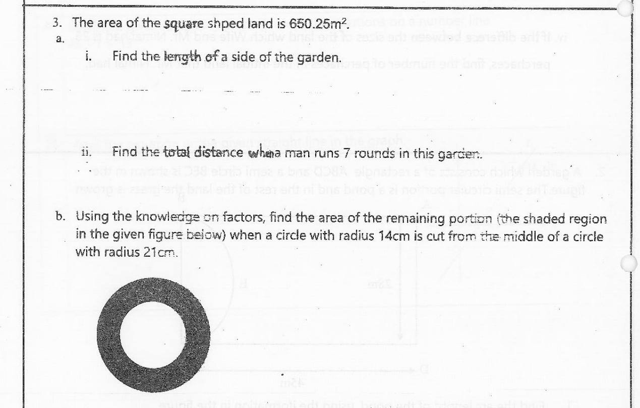 Paper I Part B Q3: Side of a square from its area; ring area by difference of squares