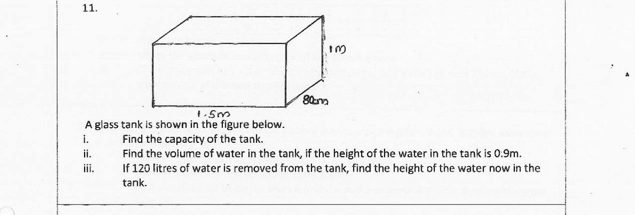 Paper II Part B Q11: Cuboid glass tank: capacity, water volume, new water height