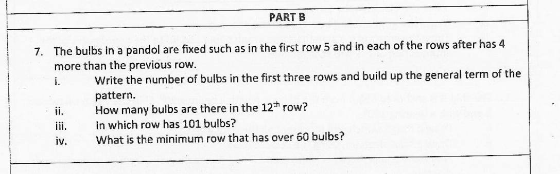 Paper II Part B Q7: Arithmetic progression of bulbs: general term and row numbers