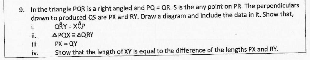 Paper II Part B Q9: Perpendiculars from a right isosceles triangle: congruence and length difference