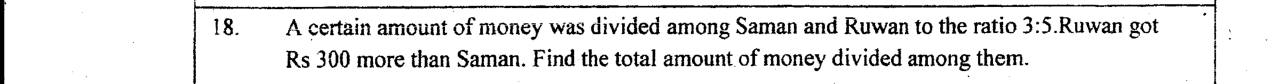 Paper I Part A Q18: Total amount shared in a ratio from the difference