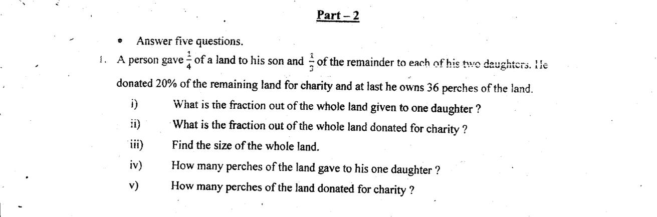 Paper I Part B Q1: Fractions and a percentage of land shared; total from the remainder