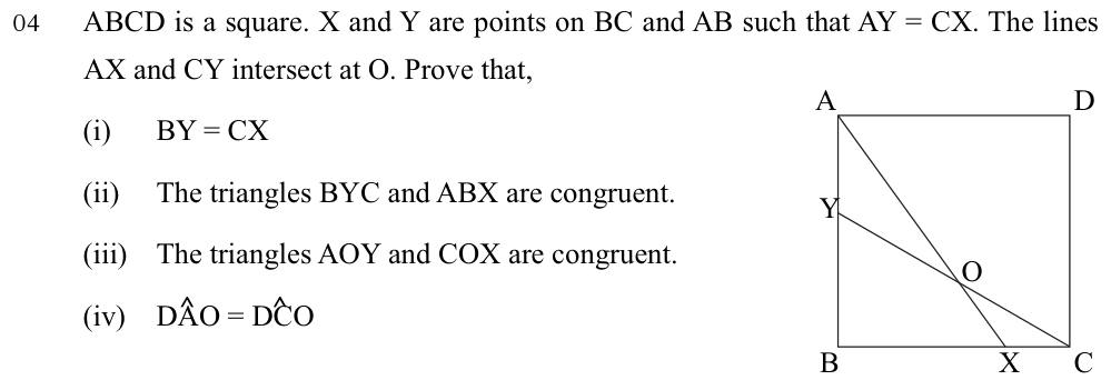 Paper I Part B Q4: Square with equal segments: prove pairs of triangles congruent