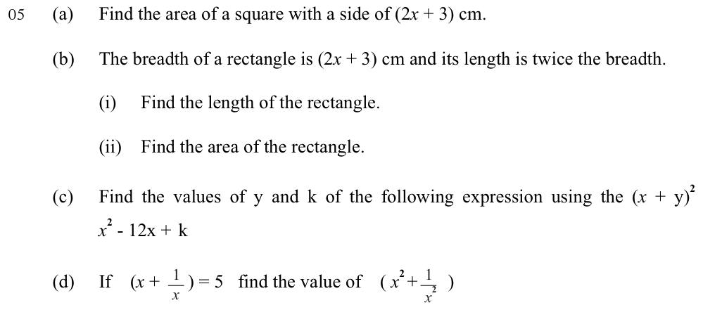 Paper I Part B Q5: Squares of binomials: areas, completing a square, x² + 1/x²