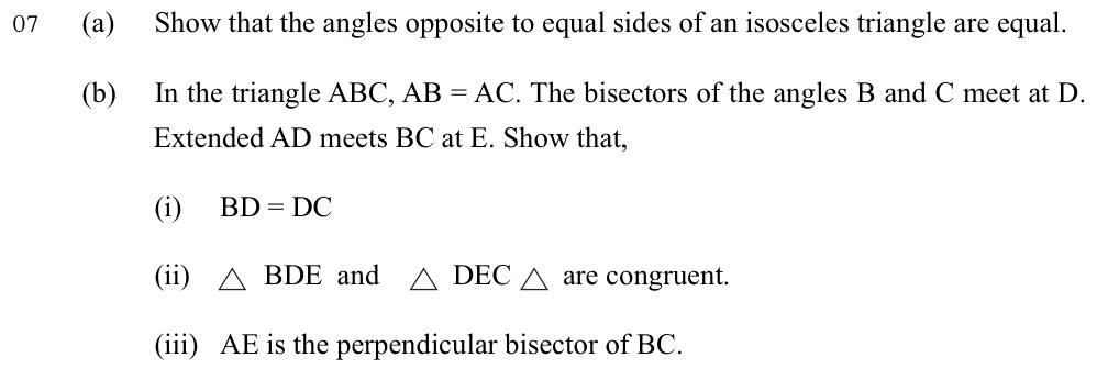 Paper I Part B Q7: Isosceles triangle proof; bisectors give perpendicular bisector