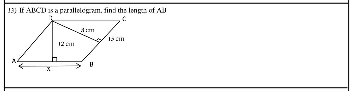 Paper I Part I Q13: Side of a parallelogram from equal area using two heights