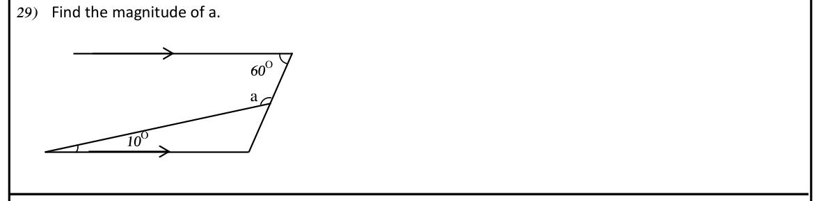 Paper I Part I Q29: Angle using parallel lines and an exterior angle