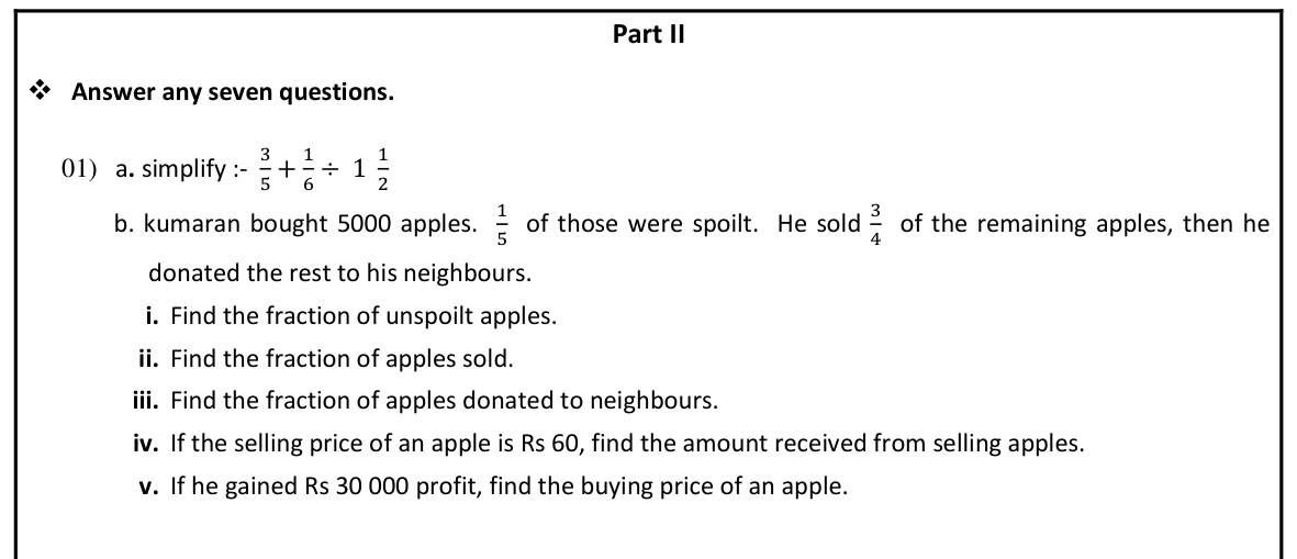 Paper I Part II Q1: Simplify fractions; fraction word problem with sales and profit