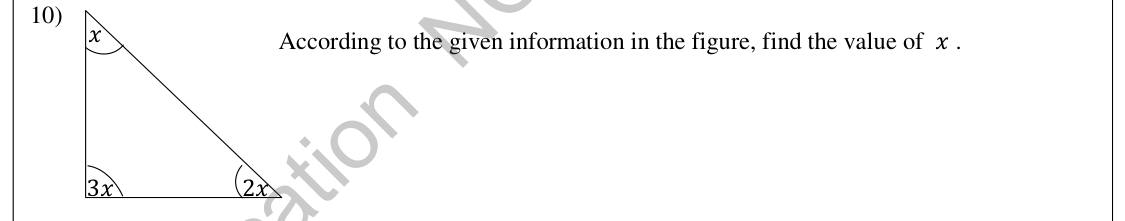 Paper I Part A Q10: Solve for x from angles of a triangle in ratio