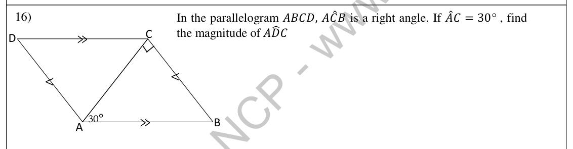 Paper I Part A Q16: Opposite angle of a parallelogram using a right-angled triangle