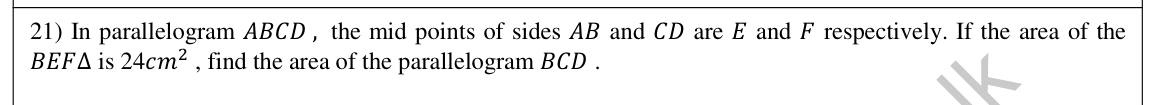 Paper I Part A Q21: Parallelogram area from a triangle on half its base