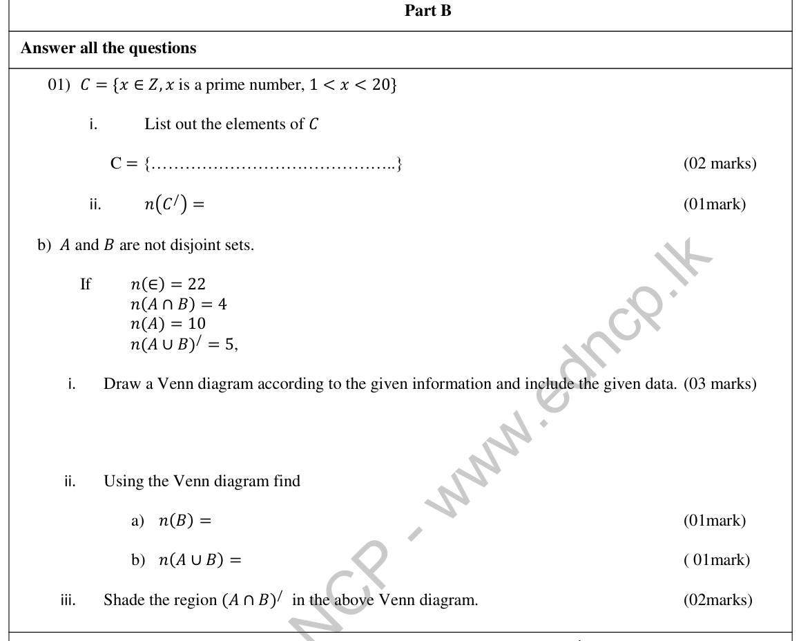 Paper I Part B Q1: List a set of primes; Venn diagram from given counts