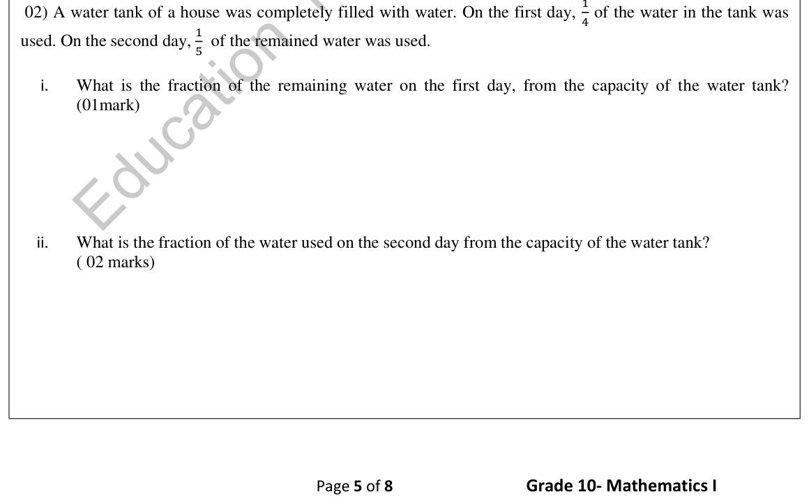 Paper I Part B Q2: Fractions of tank water used; capacity and filling time