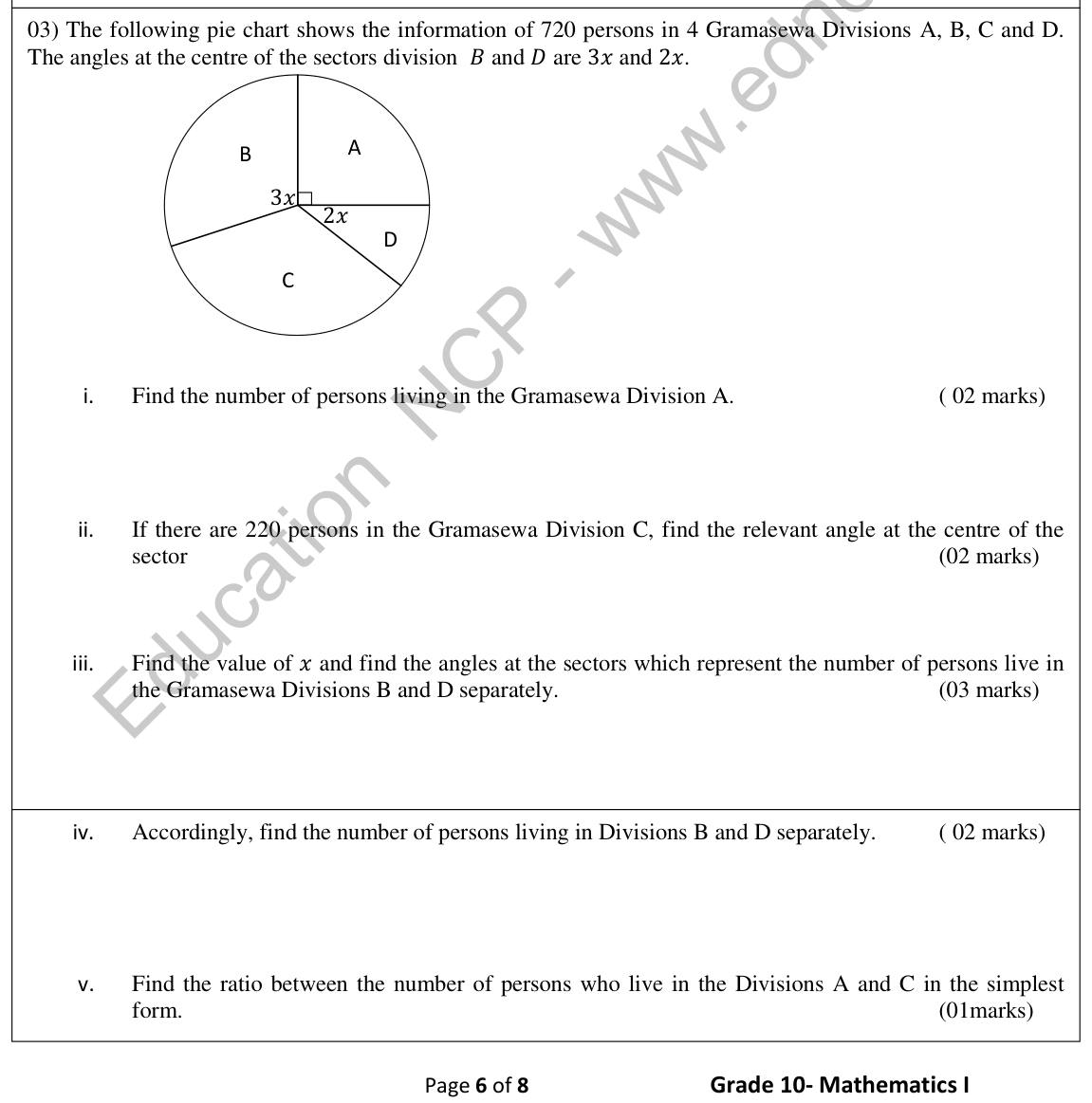 Paper I Part B Q3: Pie chart of persons in divisions: counts, angles, ratio