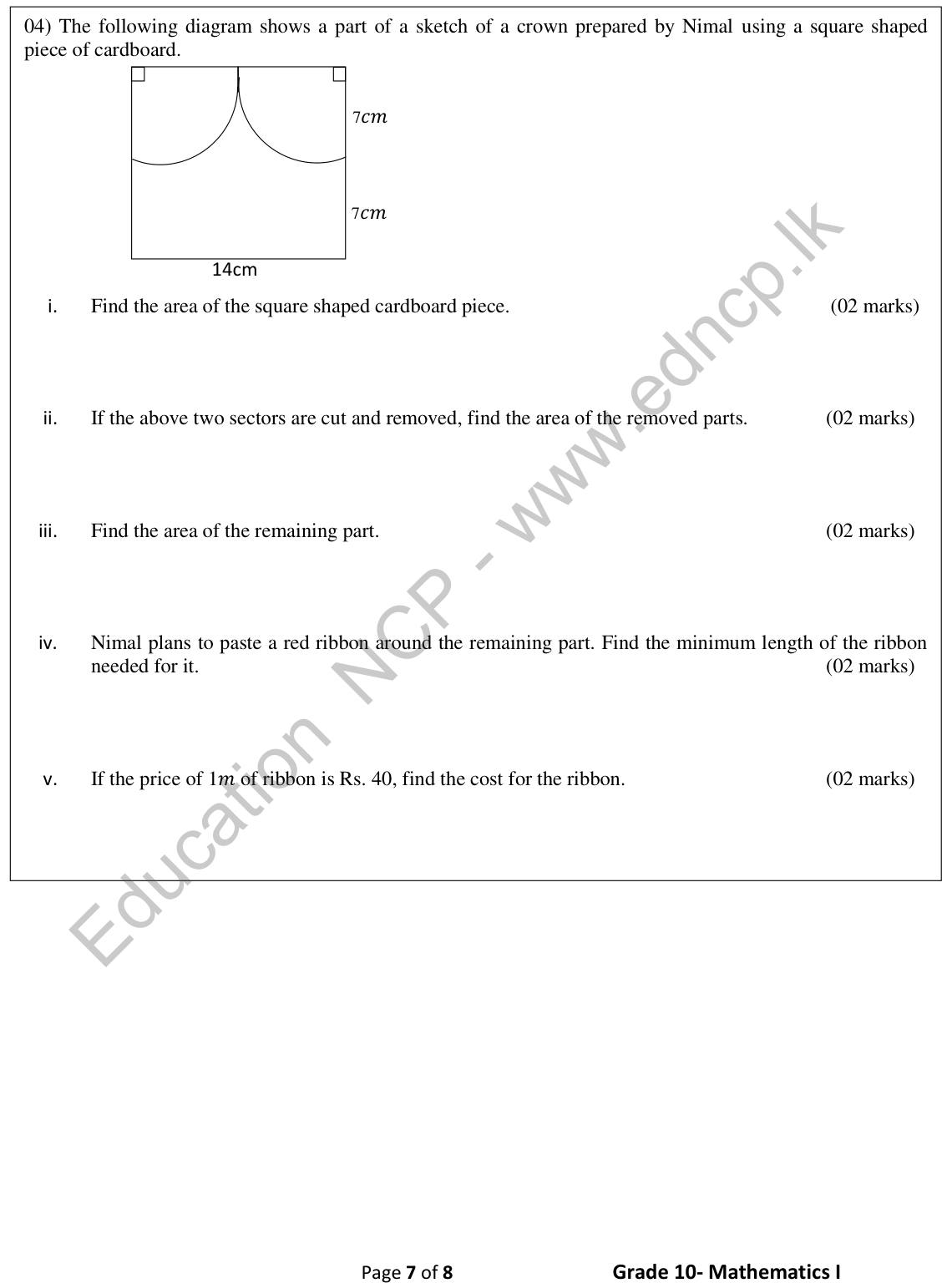 Paper I Part B Q4: Square card with two quarter circles removed: areas, ribbon length, cost