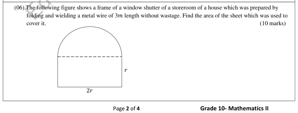 Paper II Part A Q6: Window frame from wire: find r from perimeter, then area