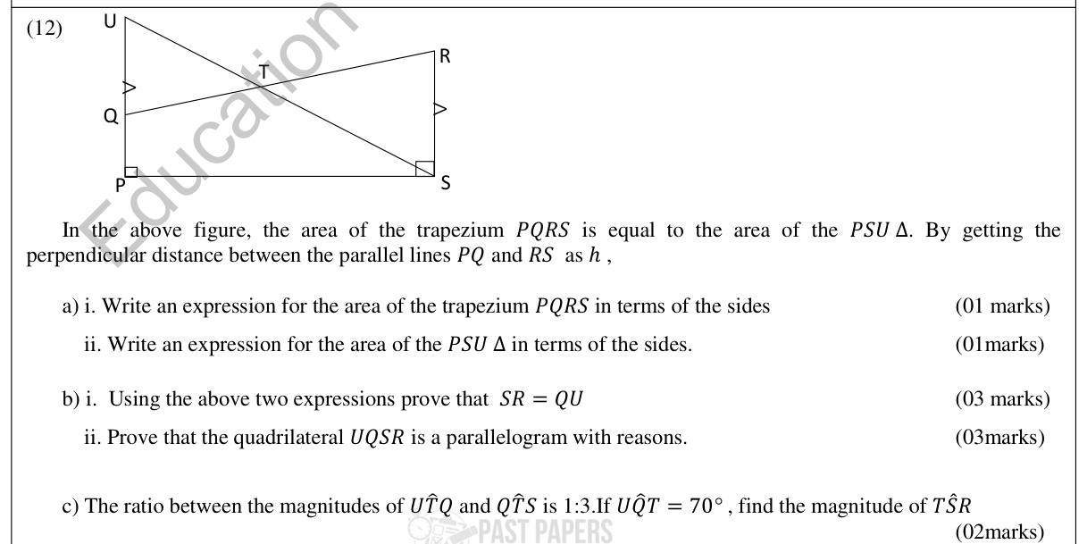 Paper II Part B Q12: Equal areas give equal sides; prove a parallelogram; find an angle