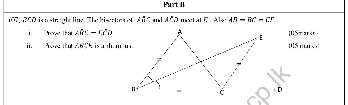 Paper II Part B Q7: Angle bisectors and equal sides: prove equal angles and a rhombus