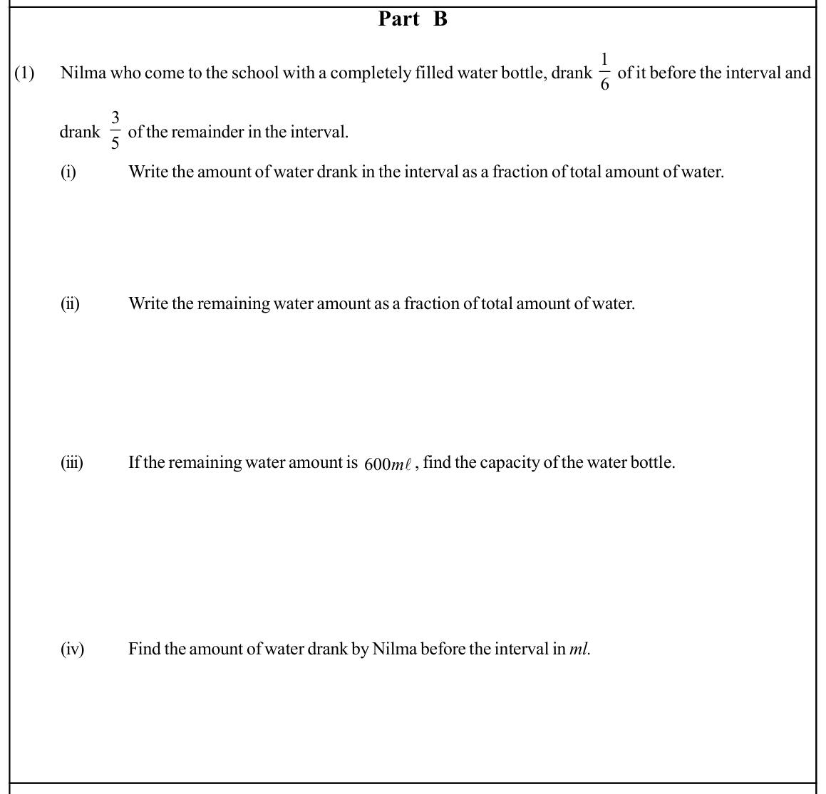 Paper I Part B Q1: Successive fractions of a bottle of water; find capacity