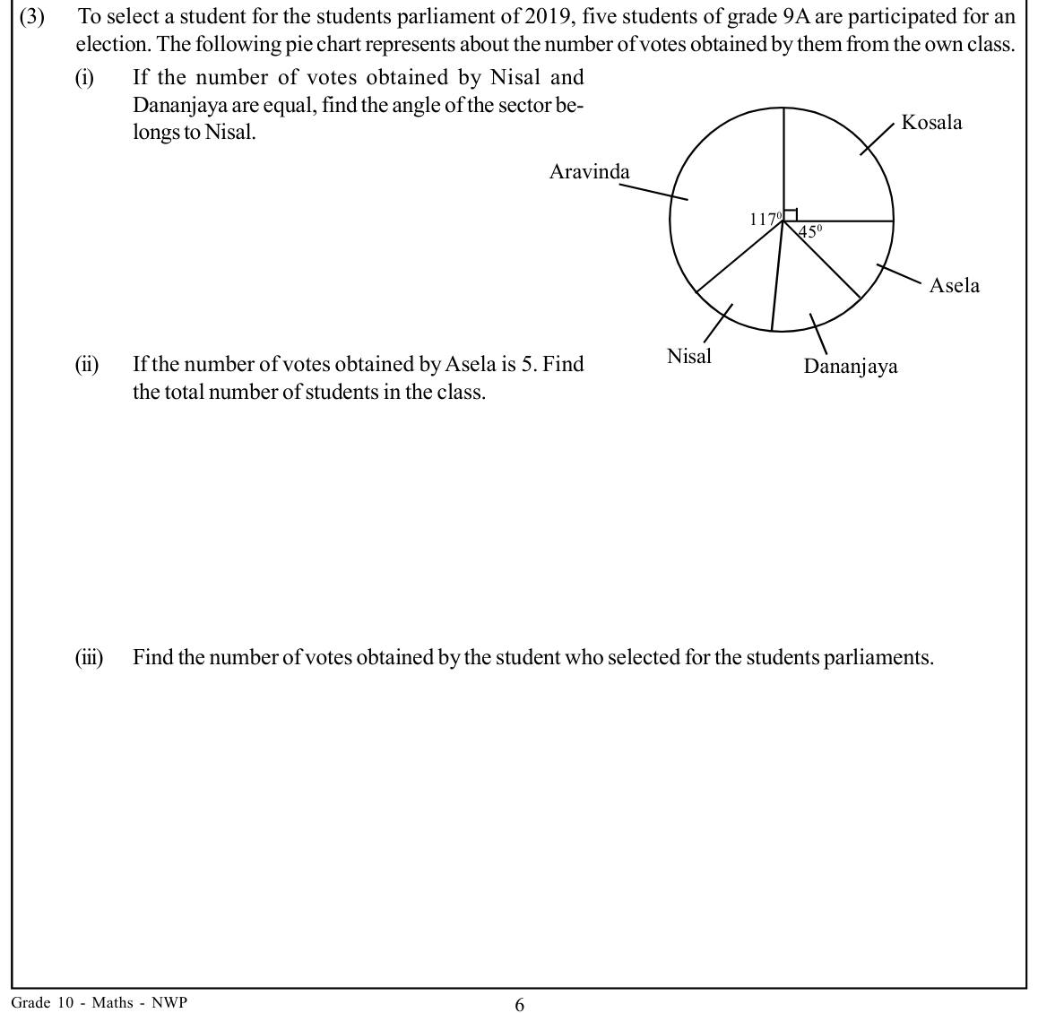 Paper I Part B Q3: Pie chart: sector angles, totals, and a redrawn chart angle