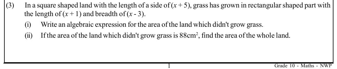 Paper II Part A Q3: Area expression with a squared binomial; solve for x