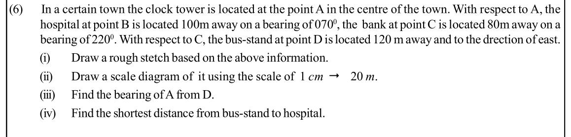 Paper II Part A Q6: Scale diagram from bearings and distances; read bearing and distance