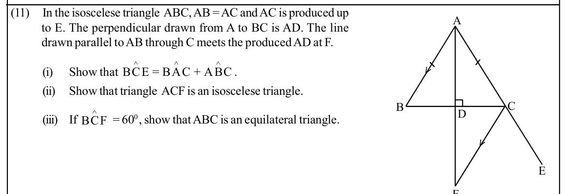 Paper II Part B Q11: Isosceles triangle proofs: exterior angle, isosceles, equilateral