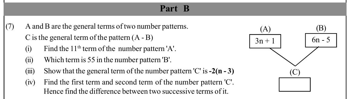 Paper II Part B Q7: Number patterns from general terms; term values and differences