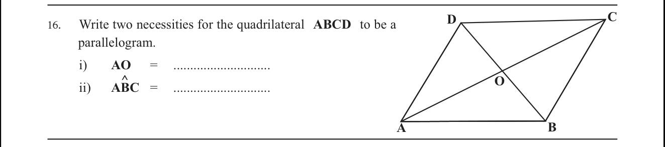 Paper I Part A Q16: Complete properties of a parallelogram: diagonals and opposite angles