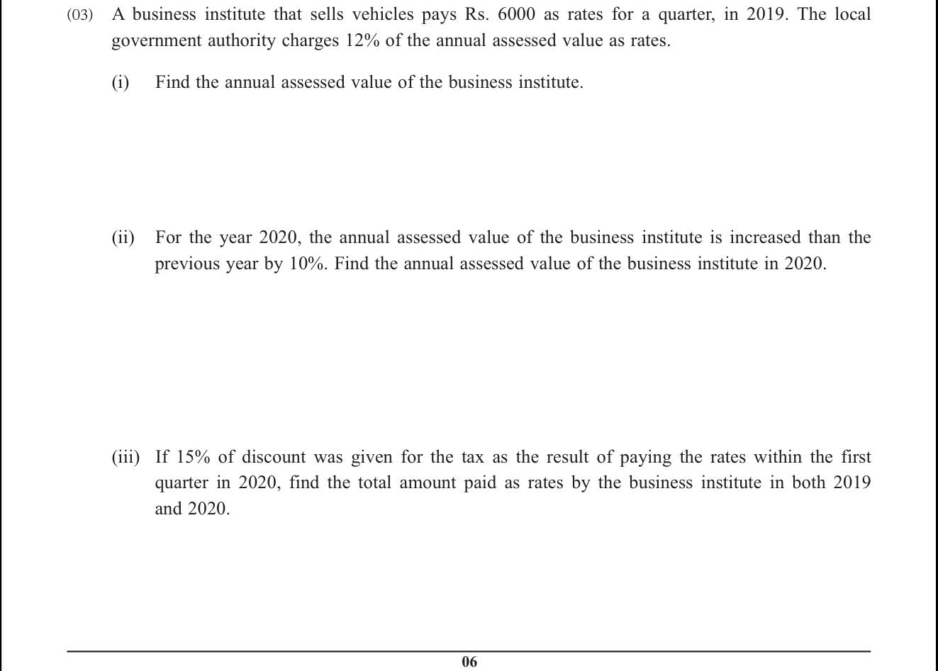 Paper I Part B Q3: Rates: assessed value from quarterly rates, increase, discount