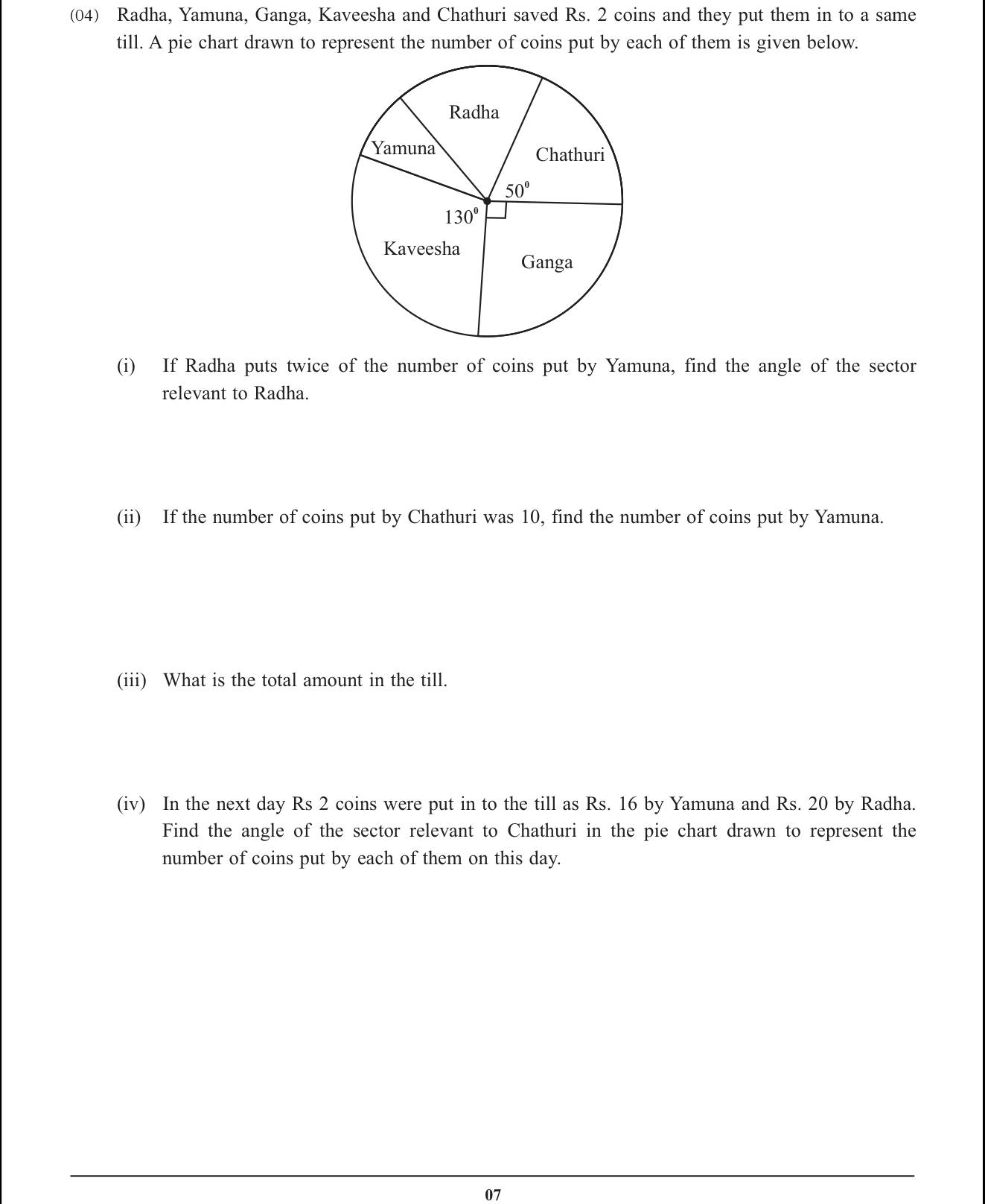 Paper I Part B Q4: Pie chart: sector angles, counts, and a redrawn sector angle
