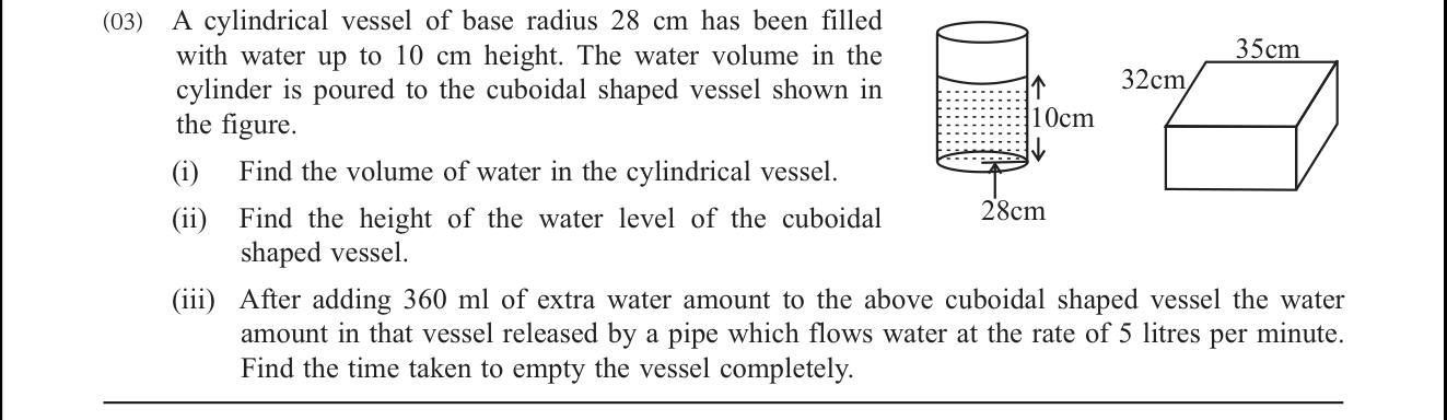 Paper II Part A Q3: Water poured from cylinder to cuboid; height and emptying time