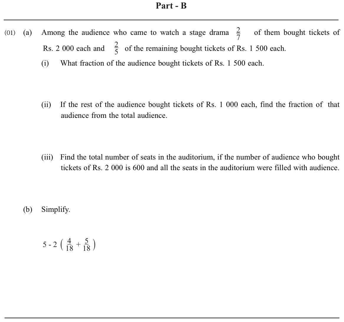 Paper I Part B Q1: Fractions of an audience by ticket price; total seats; simplify