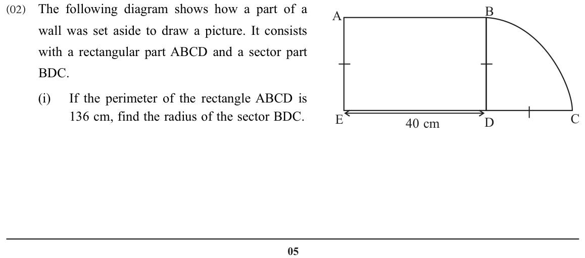 Paper I Part B Q2: Rectangle with a quarter sector: radius, arc, area, added triangle