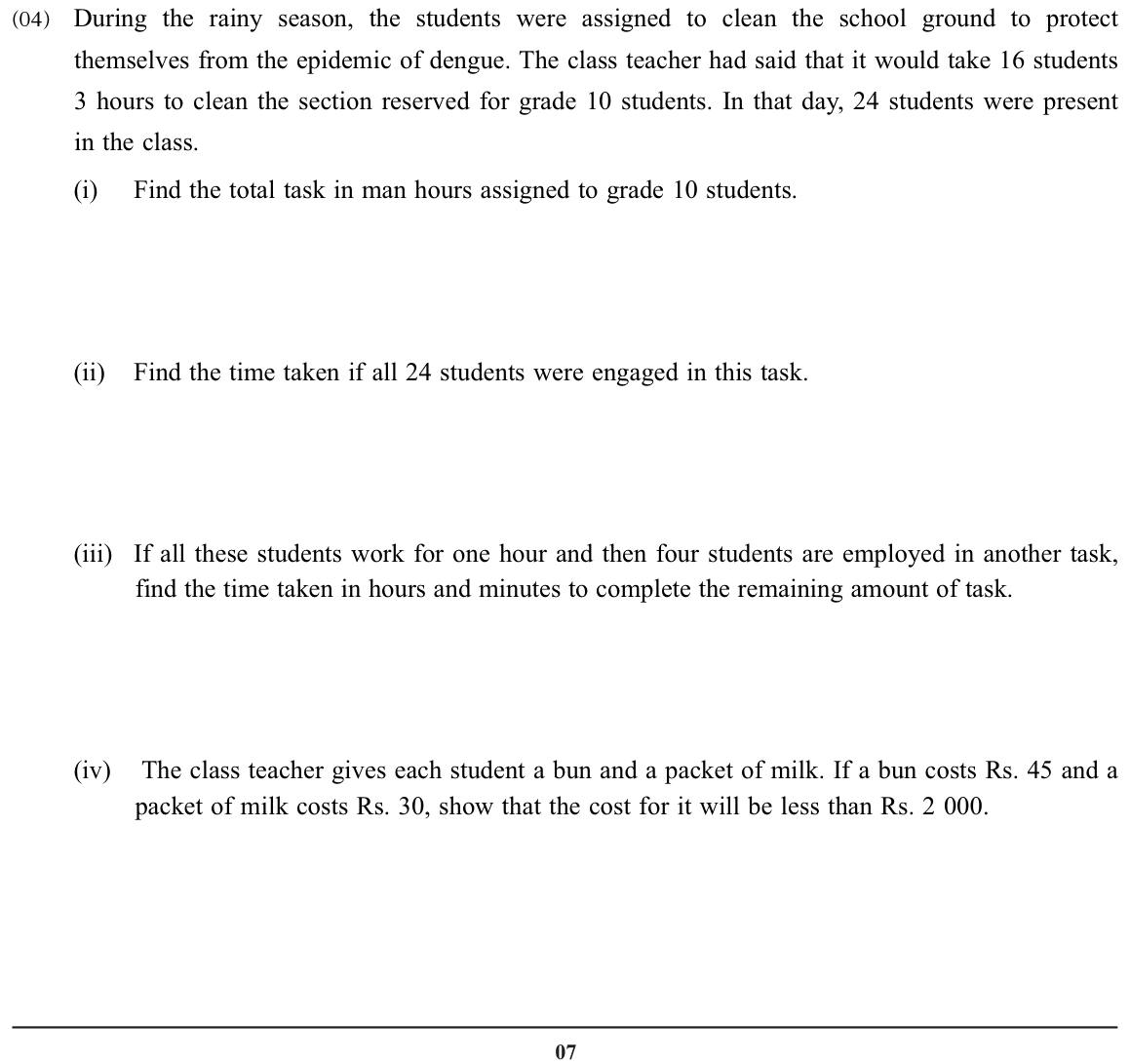 Paper I Part B Q4: Man-hours for cleaning; time with changing numbers; cost check